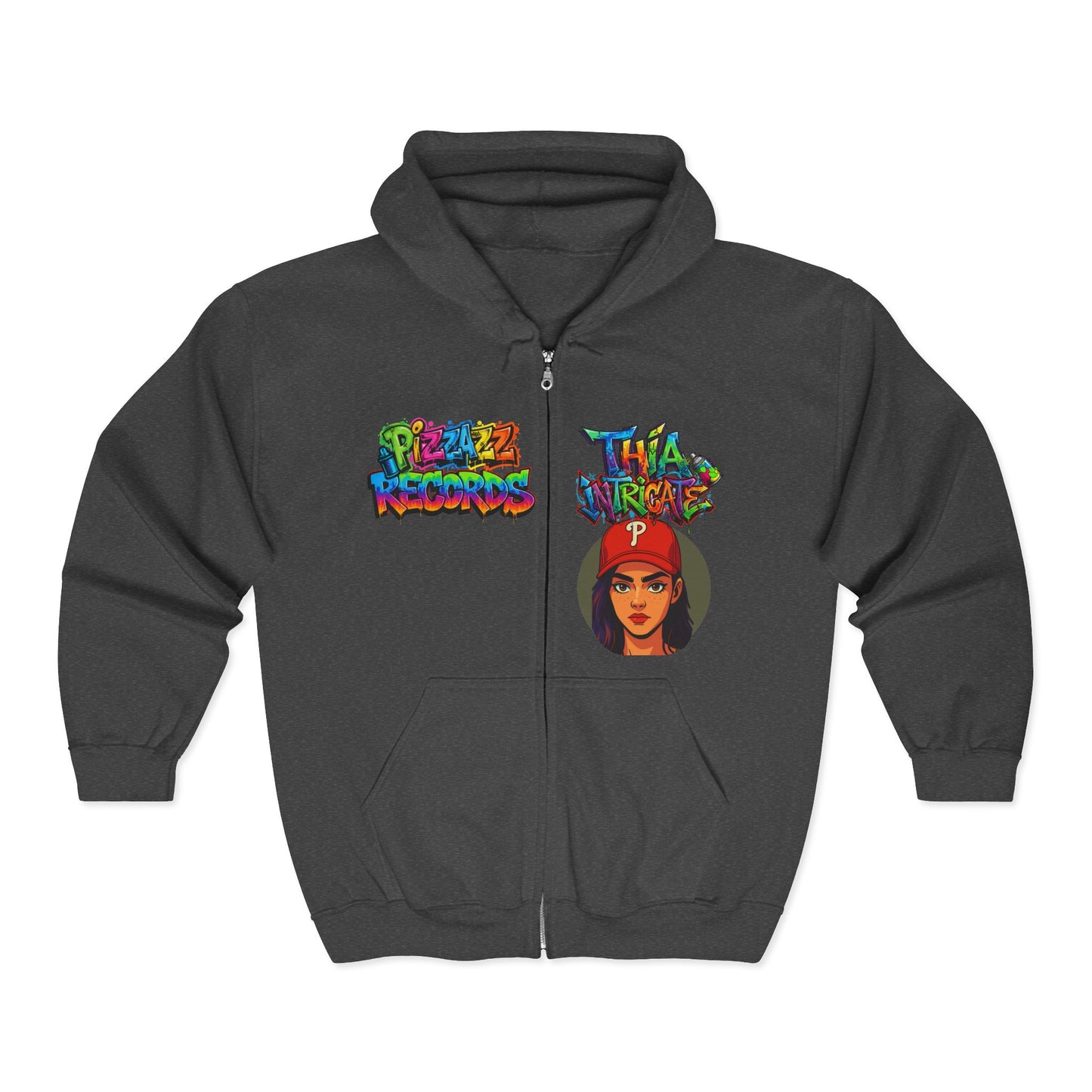Cozy Pizzazz Records cast Thia Zip Hoodie — Festive Music Label Graphic Sweatshirt