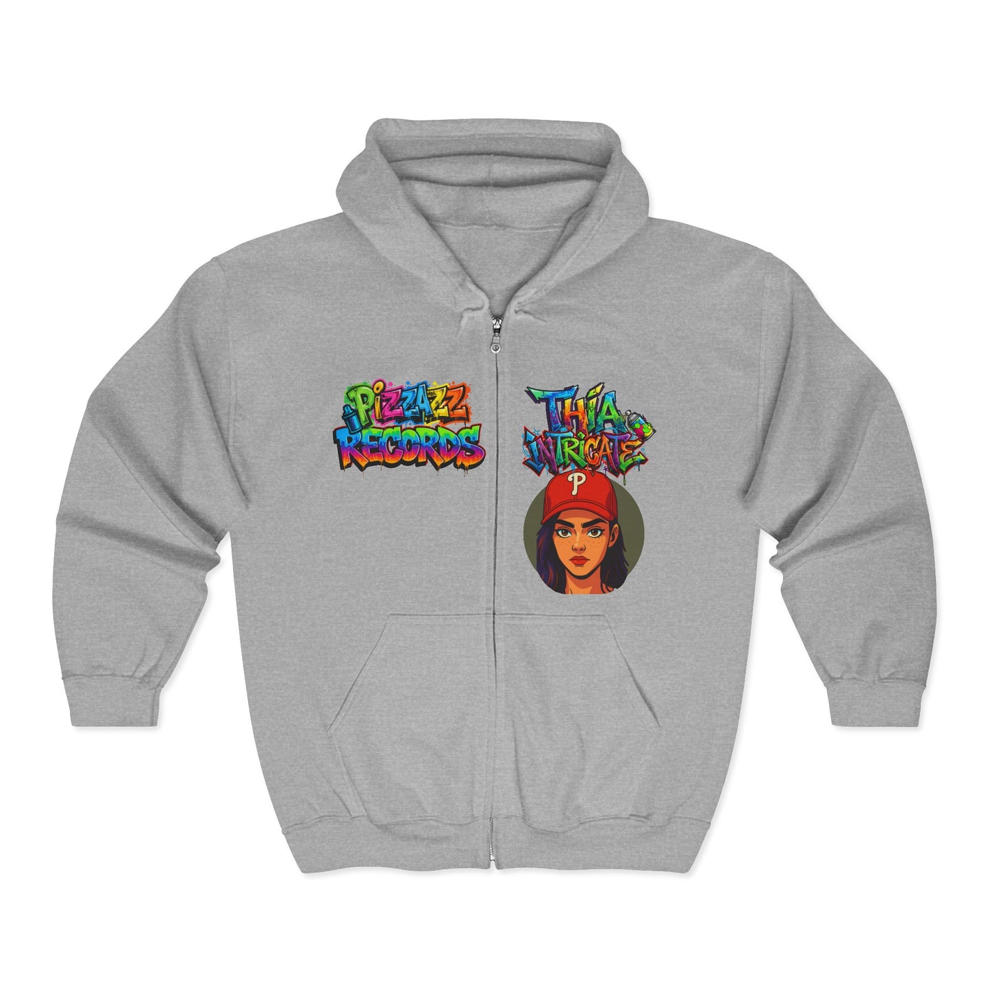 Cozy Pizzazz Records cast Thia Zip Hoodie — Festive Music Label Graphic Sweatshirt