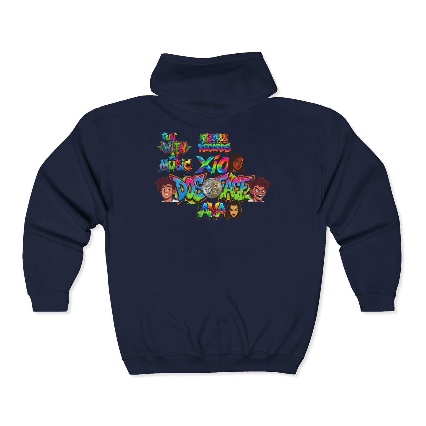 Cozy Pizzazz Records cast Thia Zip Hoodie — Festive Music Label Graphic Sweatshirt