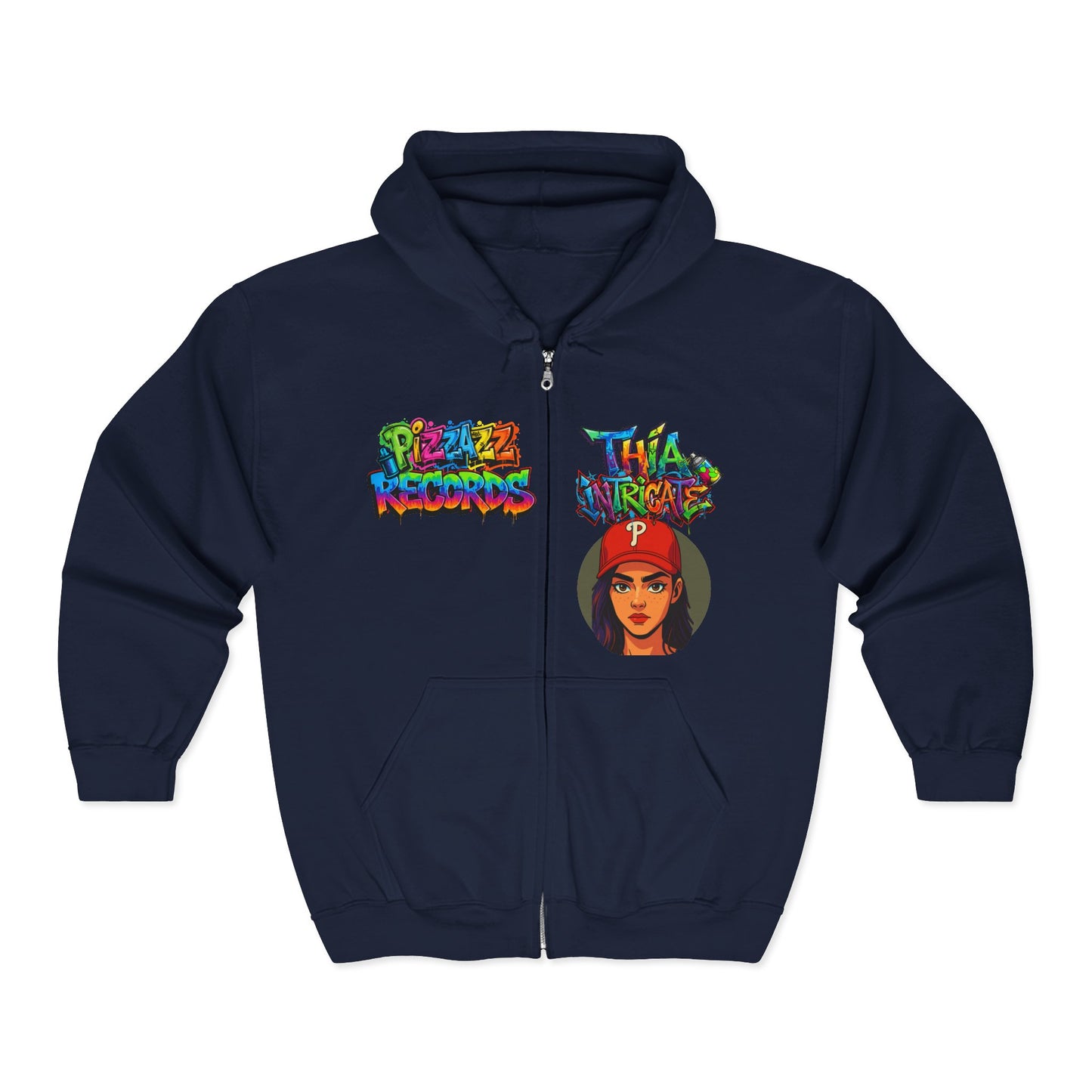 Cozy Pizzazz Records cast Thia Zip Hoodie — Festive Music Label Graphic Sweatshirt