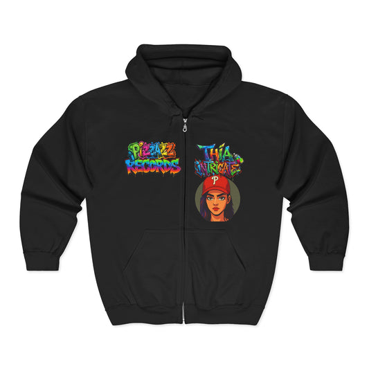 Cozy Pizzazz Records cast Thia Zip Hoodie — Festive Music Label Graphic Sweatshirt