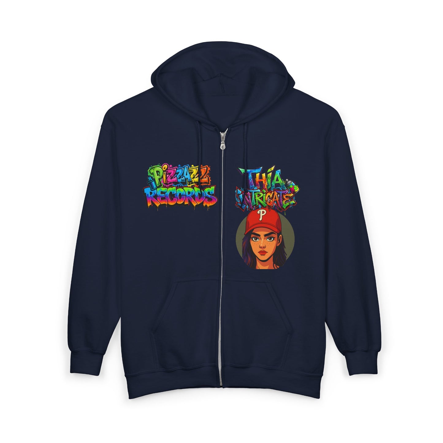 Cozy Pizzazz Records cast Thia Zip Hoodie — Festive Music Label Graphic Sweatshirt