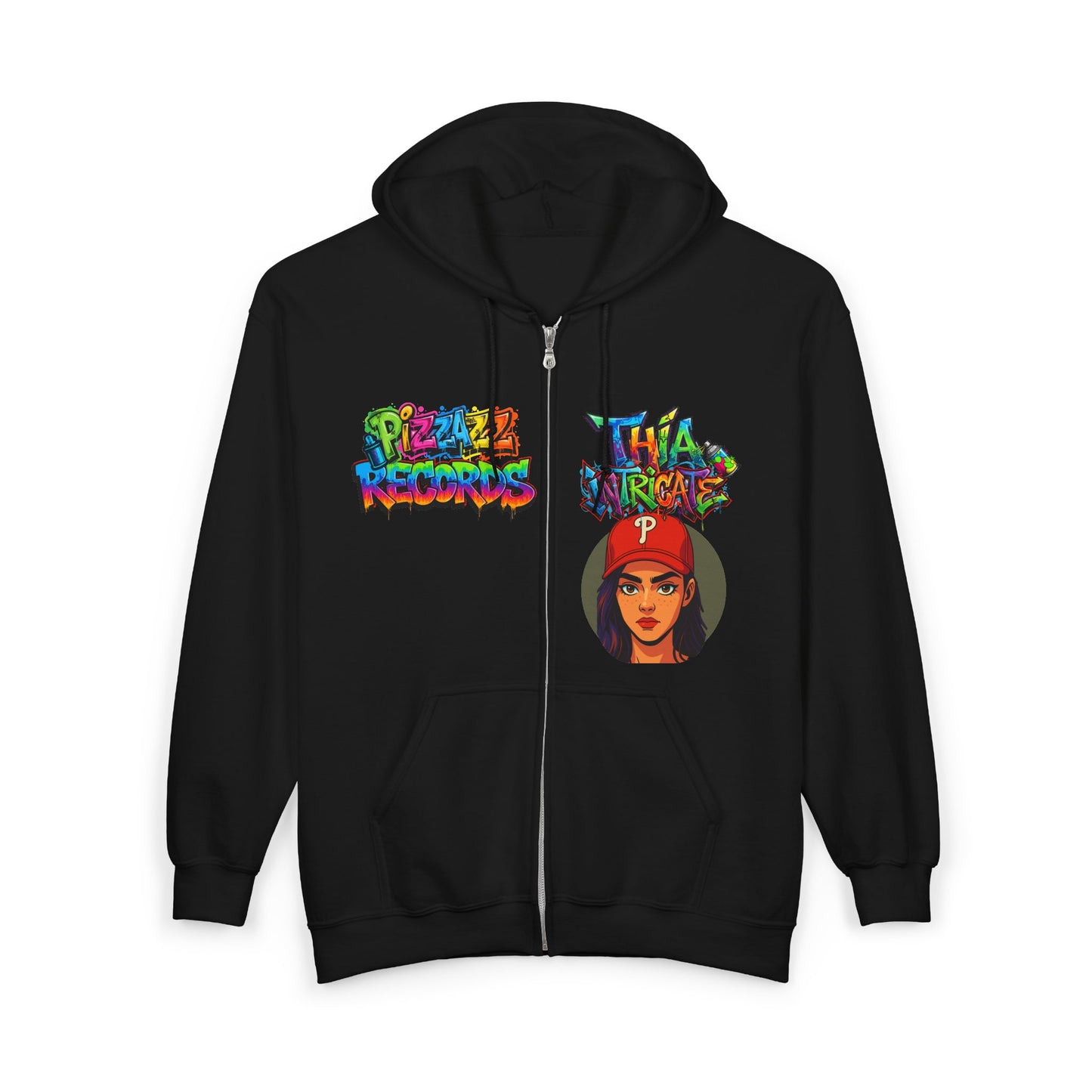 Cozy Pizzazz Records cast Thia Zip Hoodie — Festive Music Label Graphic Sweatshirt