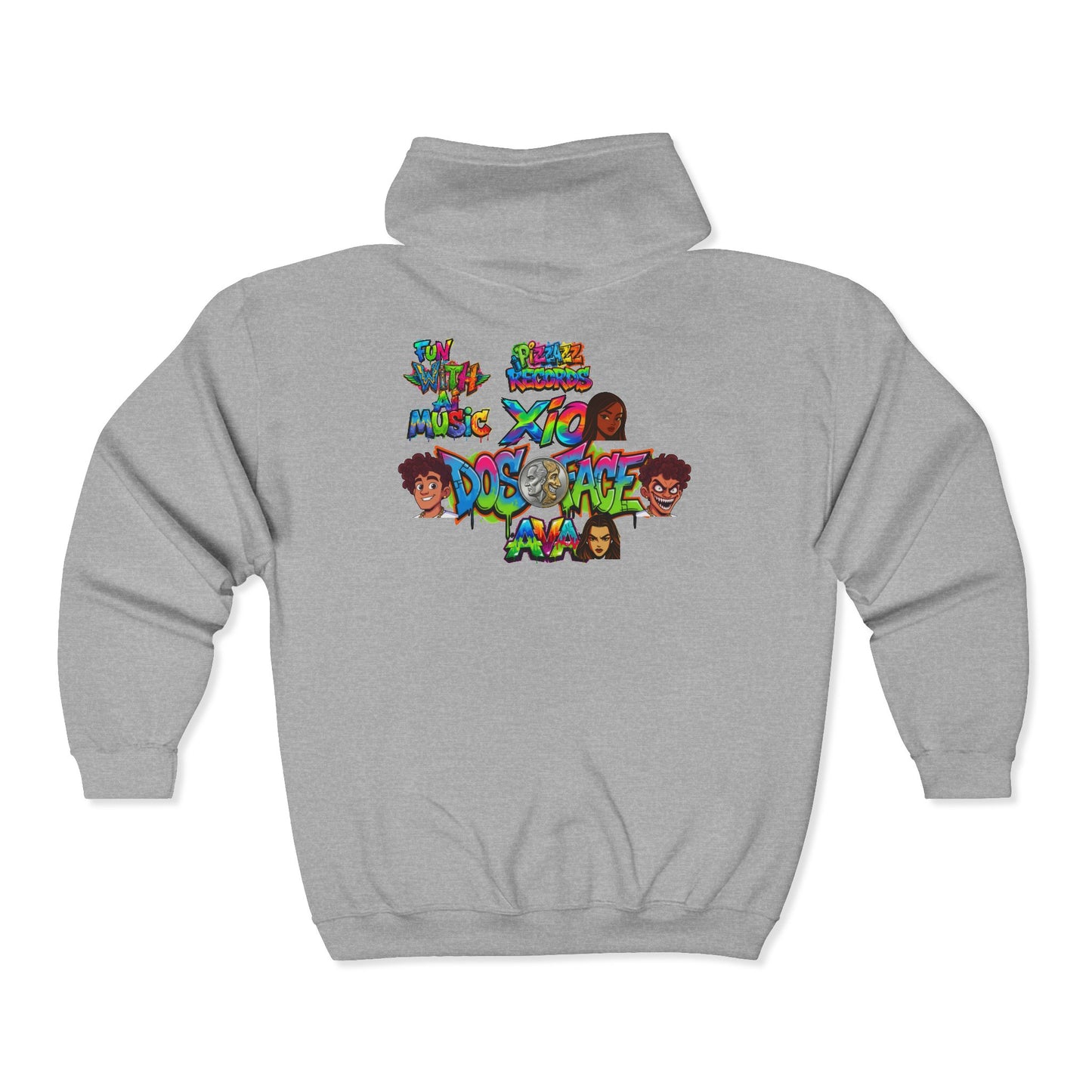 Cozy Pizzazz Records cast Thia Zip Hoodie — Festive Music Label Graphic Sweatshirt