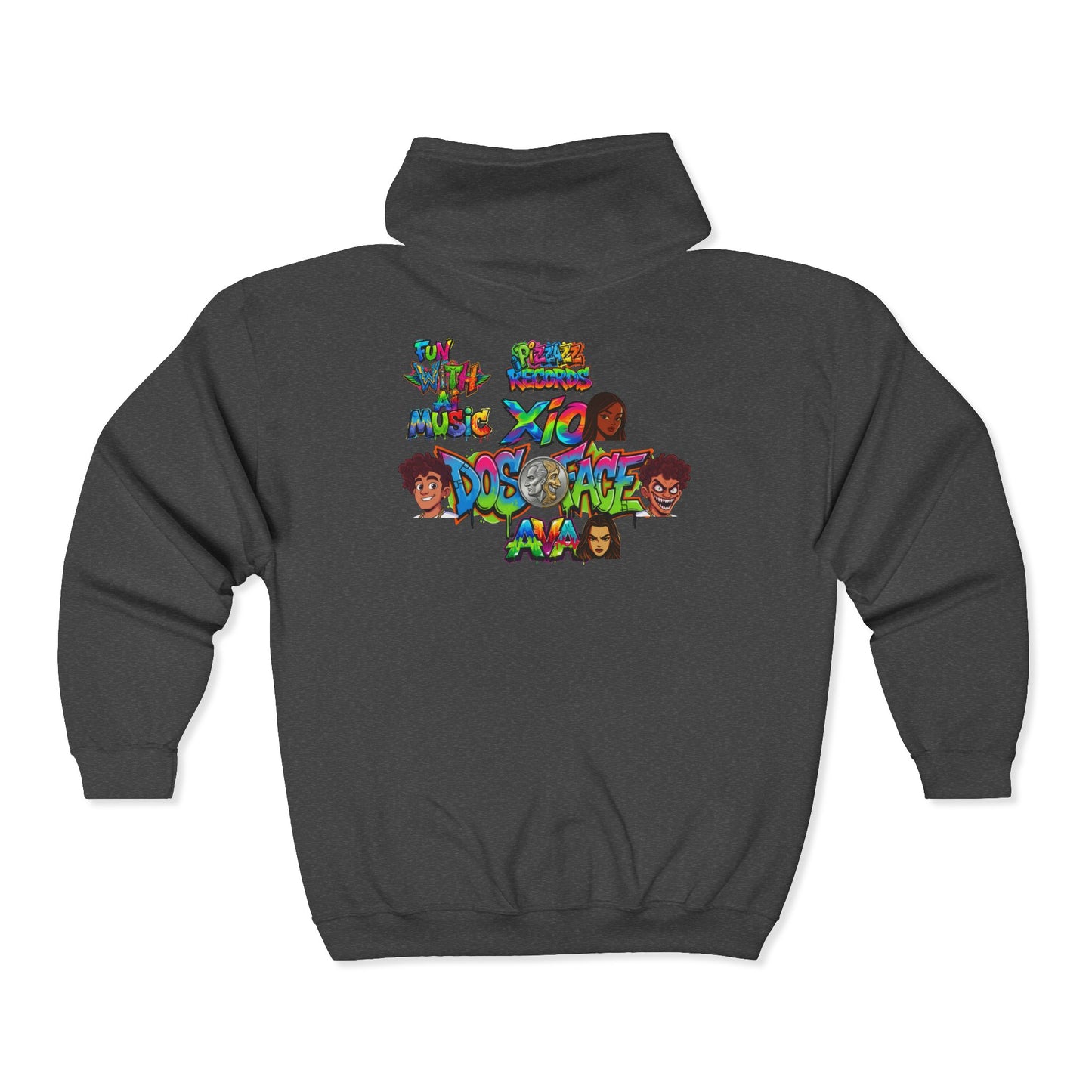Cozy Pizzazz Records cast Thia Zip Hoodie — Festive Music Label Graphic Sweatshirt