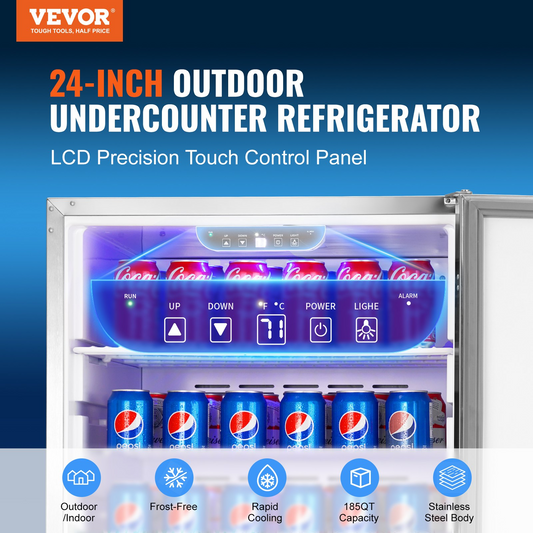 VEVOR 24 inch Indoor/Outdoor Beverage Refrigerator, 185QT Undercounter or Freestanding Beverage Fridge, 175 Cans Built-in Beer Fridge with Stainless Steel Body for Residential Home Bar Commercial Use