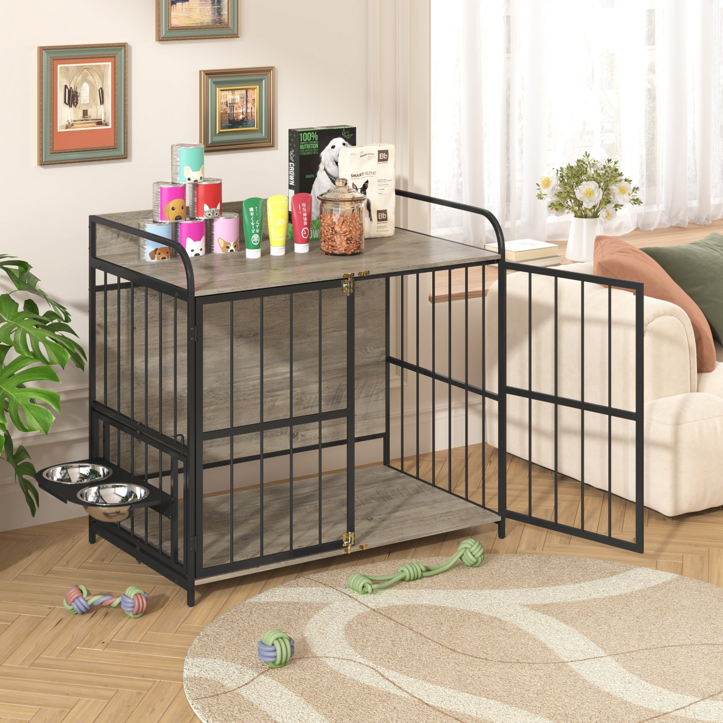 39'' Indoor Metal Dog Crate with Double Doors, Wooden Side End Table Crate, Dog Crate Furniture with Adjustable Feeder Stand, for Medium Dog, Gray