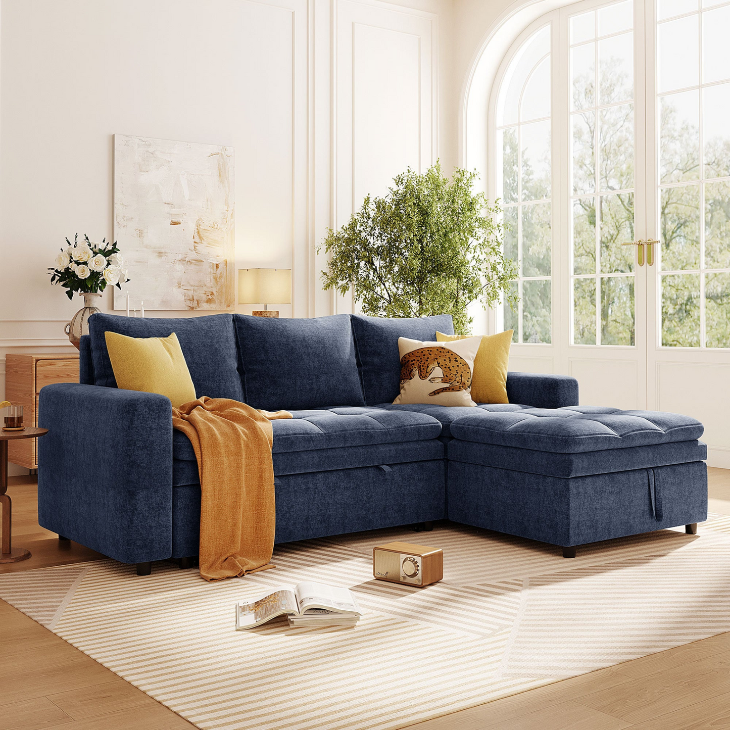 Soft Upholstered Sectional Sofa Bed with Storage Space, Suitable for Living Rooms and Apartments.