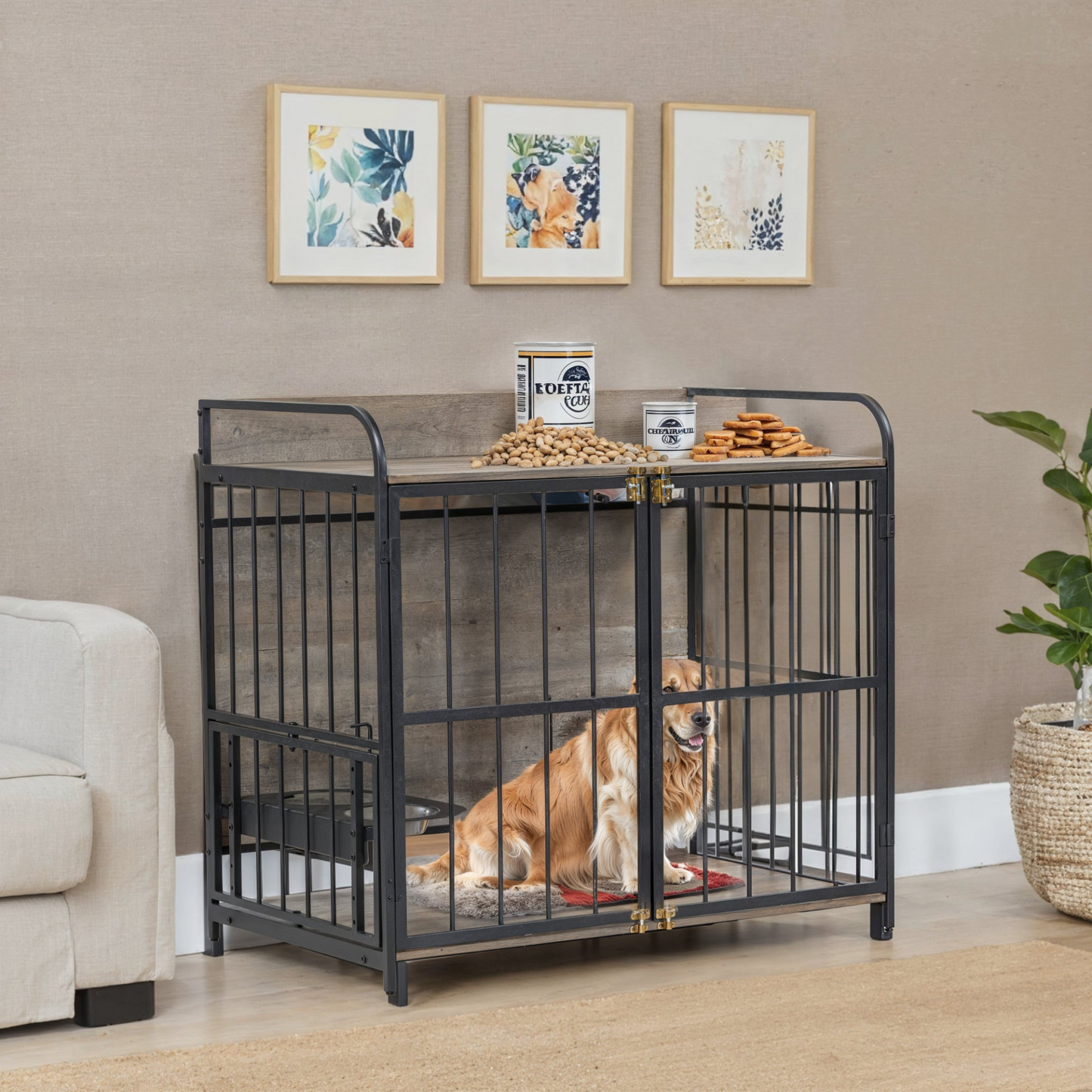 39'' Indoor Metal Dog Crate with Double Doors, Wooden Side End Table Crate, Dog Crate Furniture with Adjustable Feeder Stand, for Medium Dog, Gray