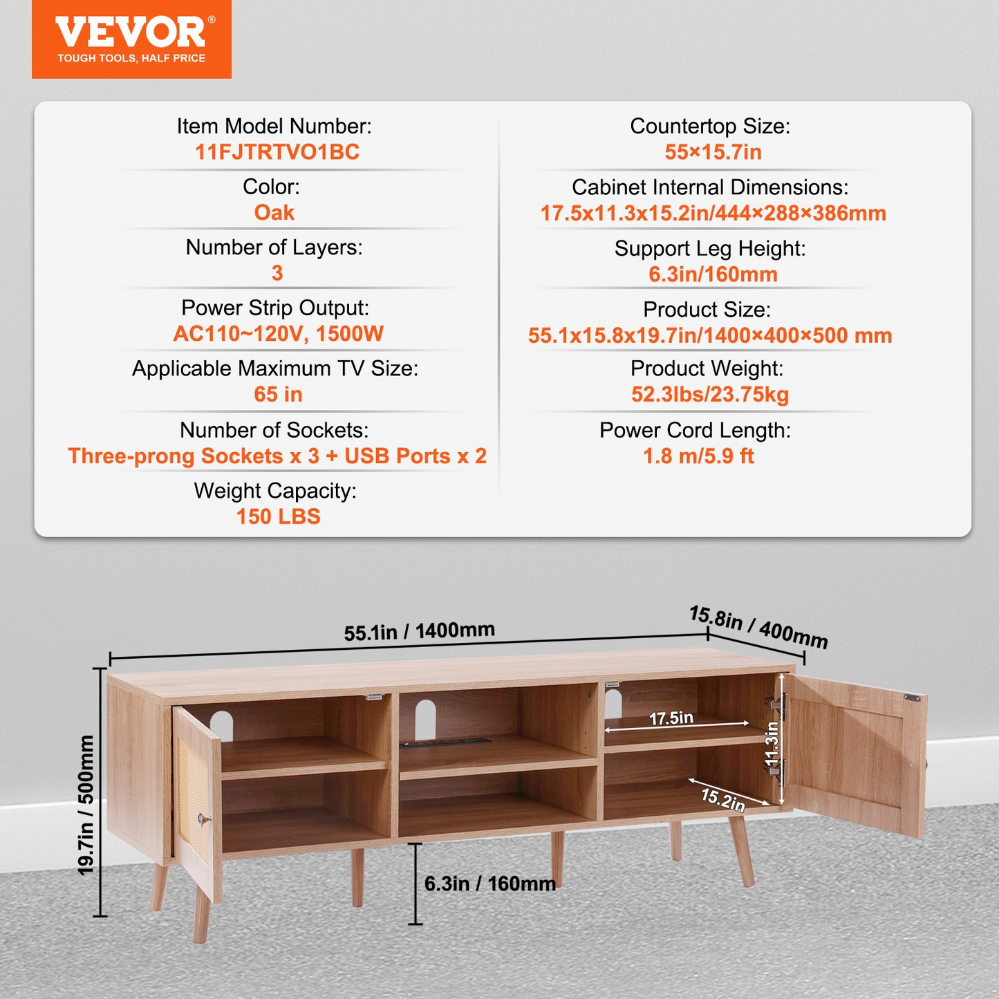 VEVOR Rattan TV Stand, Mid Century Modern TV Stand for 65 inch TV, Boho Rattan TV Cabinet with Build-in Socket and USB Ports, Adjustable Shelfs for Living Room, Media Room, Oak