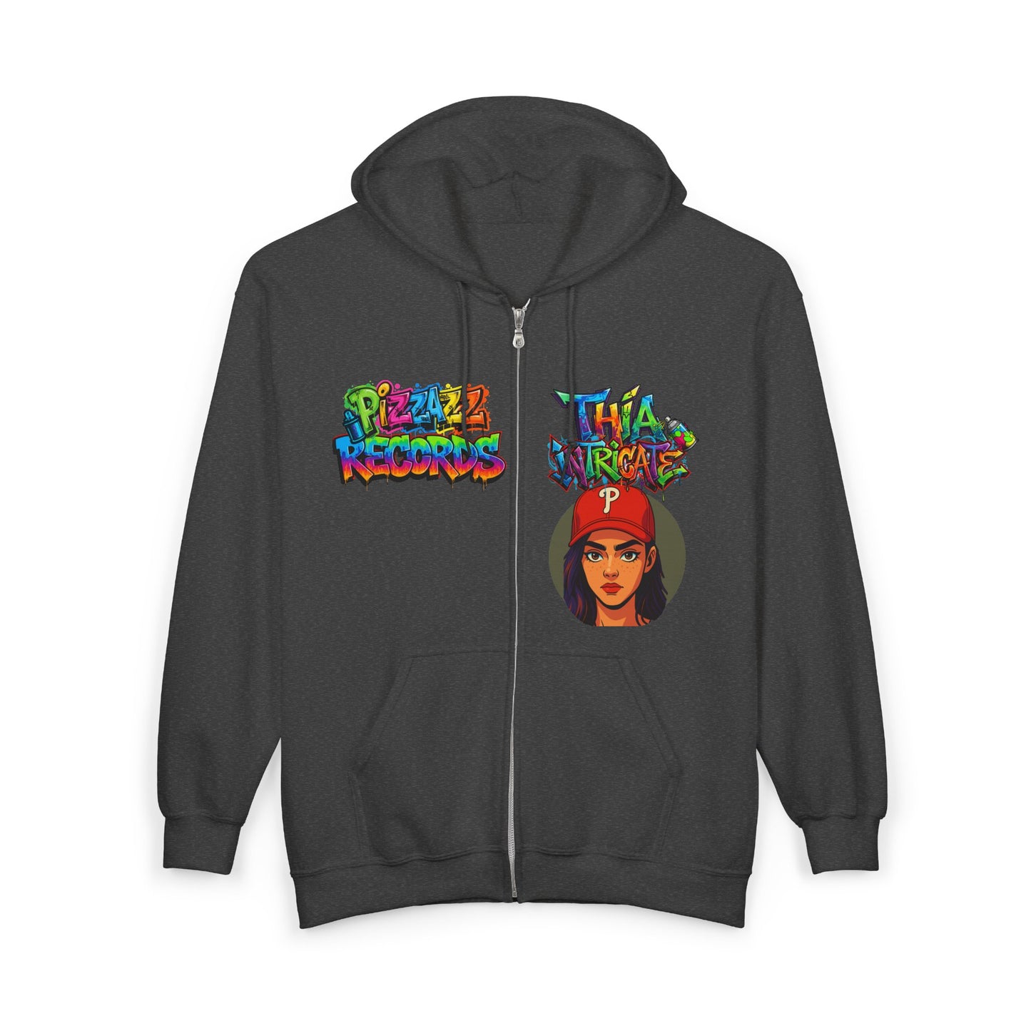 Cozy Pizzazz Records cast Thia Zip Hoodie — Festive Music Label Graphic Sweatshirt